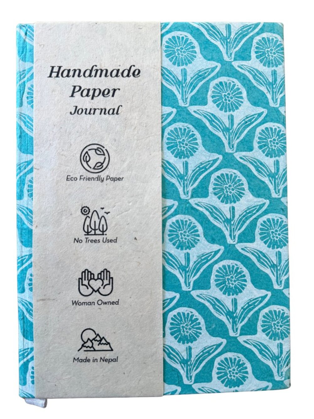 Fern and Company Handmade Lokta Paper Blank Journal Nepal Turquoise Floral NEW